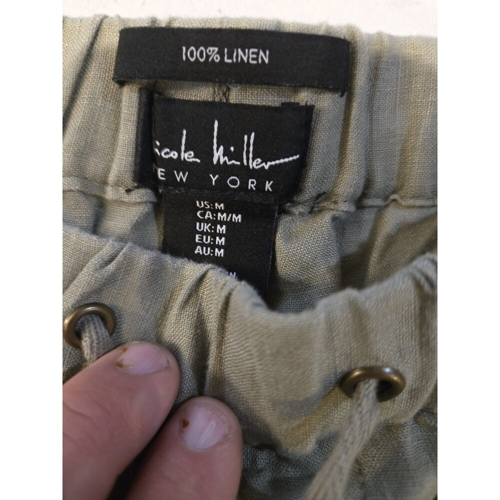 Nicole Miller Olive 100% Linen Cargo jogger Drawstring High Rise Women's Pants - Picture 3 of 6